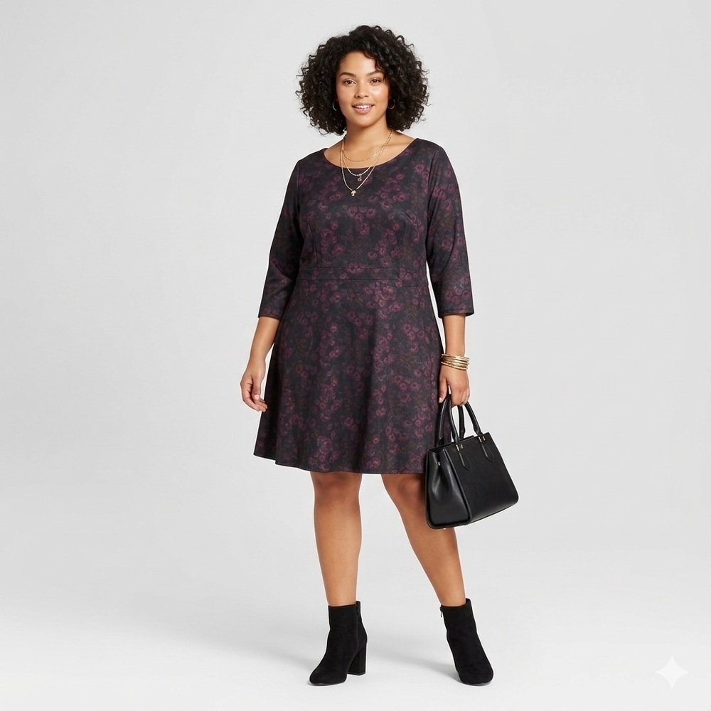 Alexia Admor Burgundy Dark Floral A-Line Dress Plus Size 2X Jacquard Knee Length